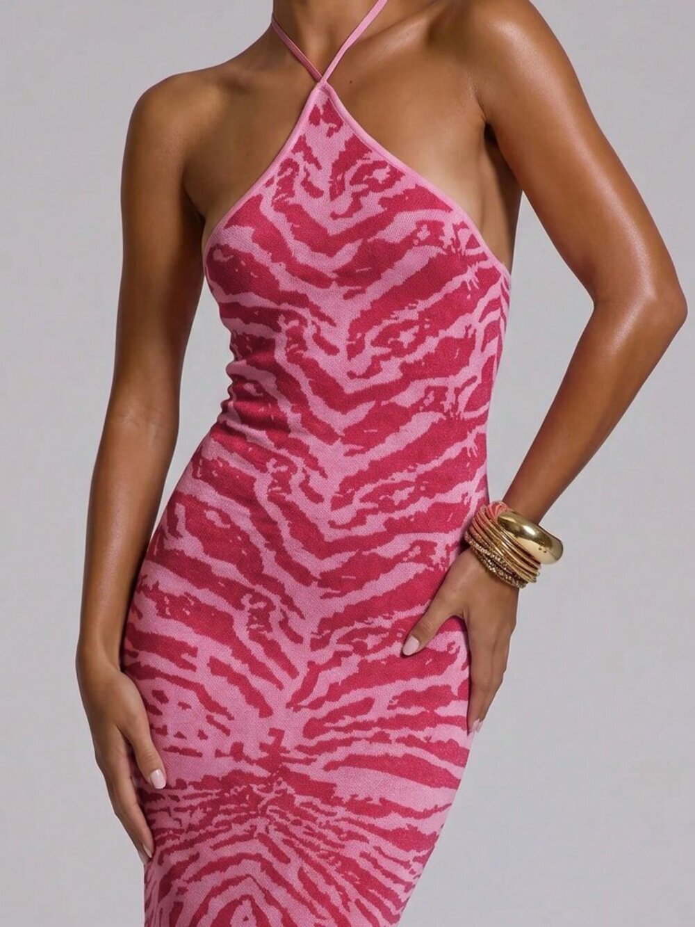 Pink Sexy Women's Fitted Knit Halterneck Maxi Dress - Picture 4 of 6